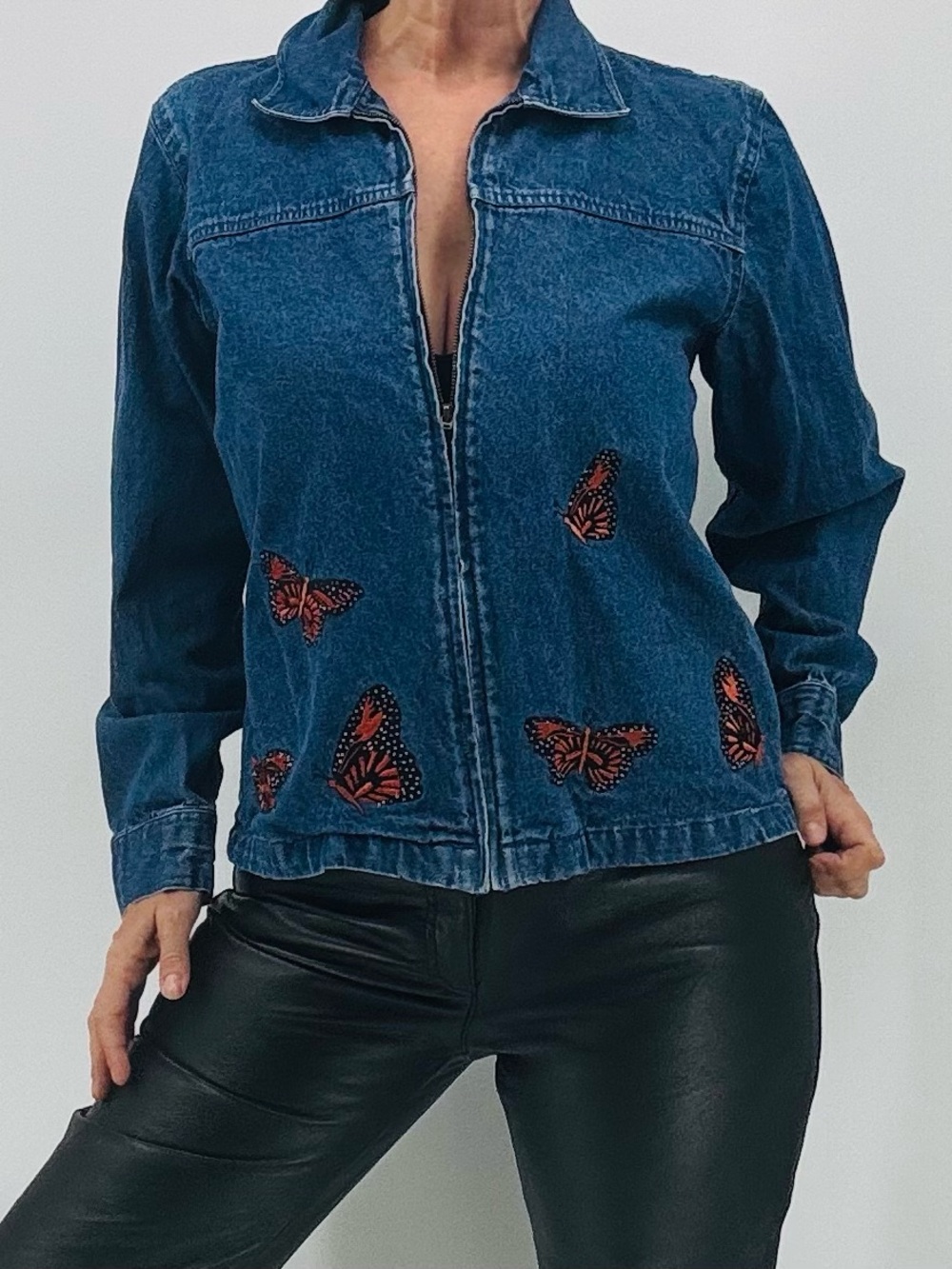 Vintage 90s Grannycore Naturecore Artsy Embroidered Butterfly Print Denim Jacket